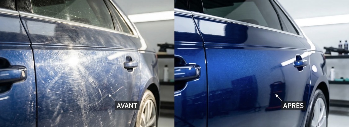 Avant après lustrage d’une porte bleue avec correction de micro-rayures